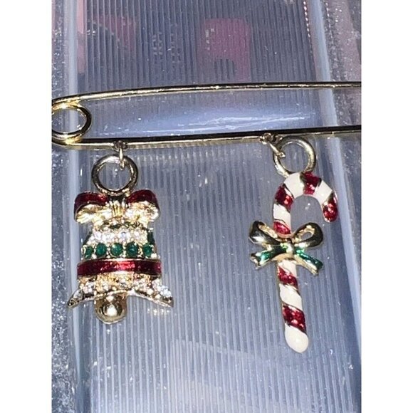 Gold Tone Brooch Safety Pin Christmas Holiday Dangle Charms Bell Candy Cane - Picture 4 of 8